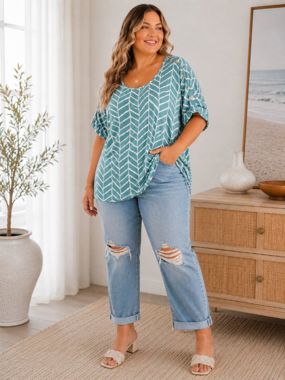 AUW Plus Size Chevron Print Top Women’s 3X Green White Gold Button Sleeve Blouse